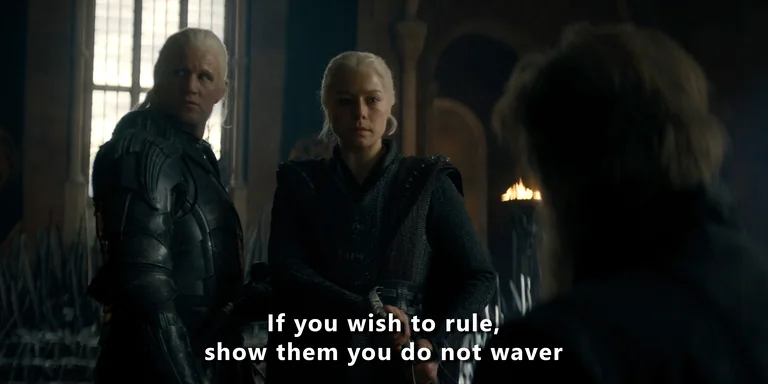 A dark fantasy scene with a subtitle reading If you wish to rule, show them you do not waver