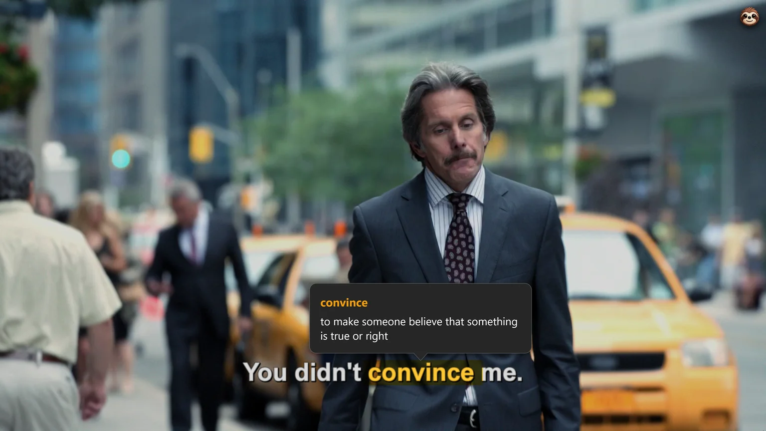 Termy explaining the word convince over a street-scene subtitle that says You didn't convince me.