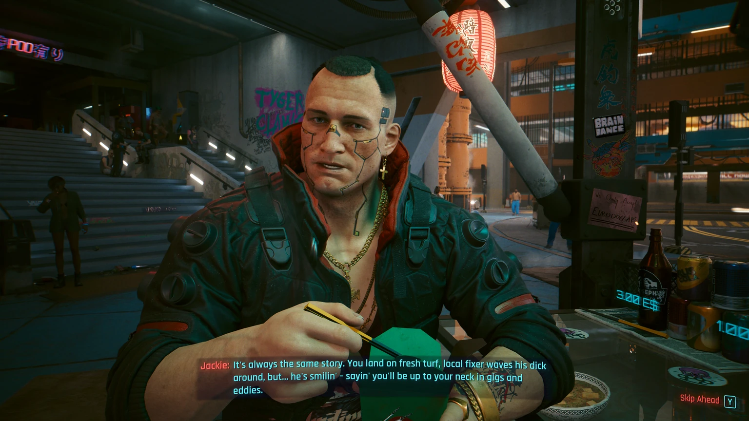 Jackie speaking in Cyberpunk 2077 subtitles that use the words fixer, gigs, and eddies