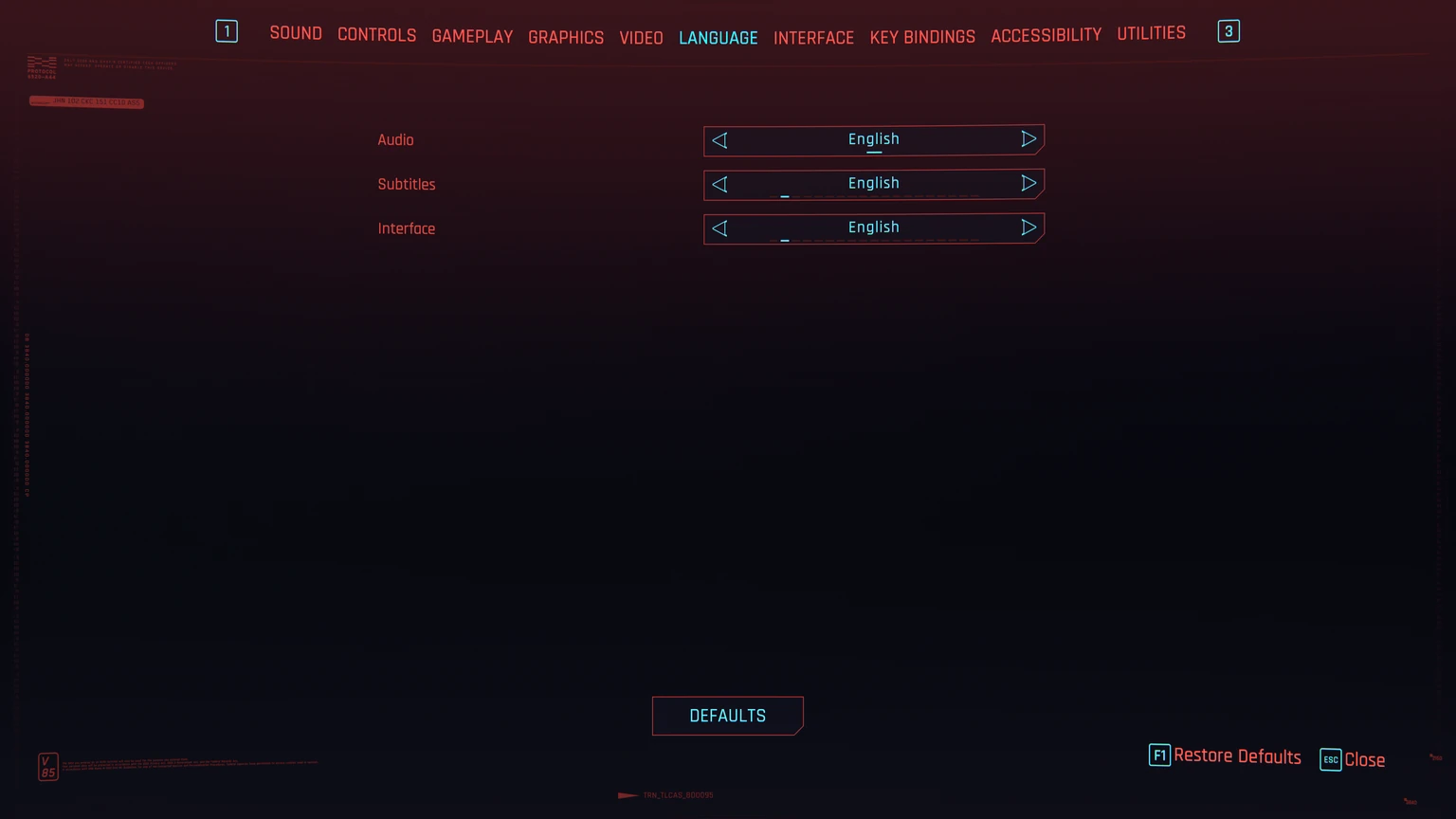 Cyberpunk 2077 language settings with audio, subtitles, and interface set to English