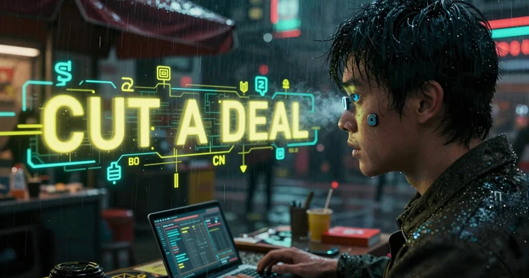 A cyberpunk language learner studies the English phrase Cut a Deal on an augmented display