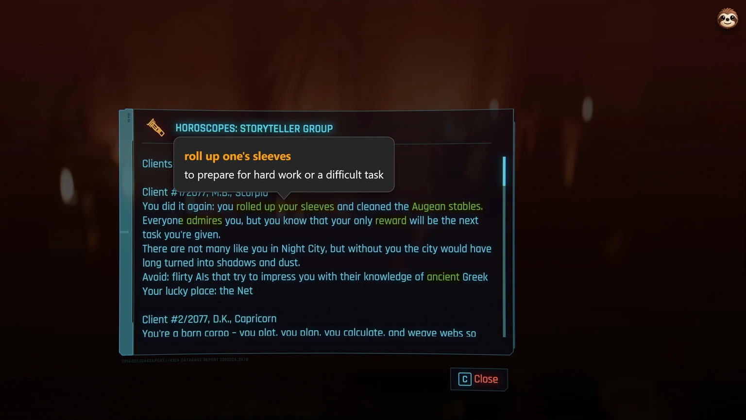 Termy explaining the phrase roll up one's sleeves over a shard in Cyberpunk 2077