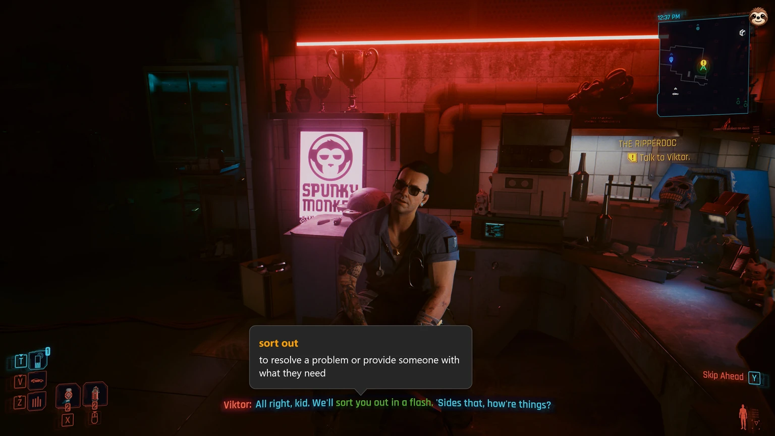 Termy explaining the phrasal verb sort out after automatically pausing Viktor's dialogue in Cyberpunk 2077