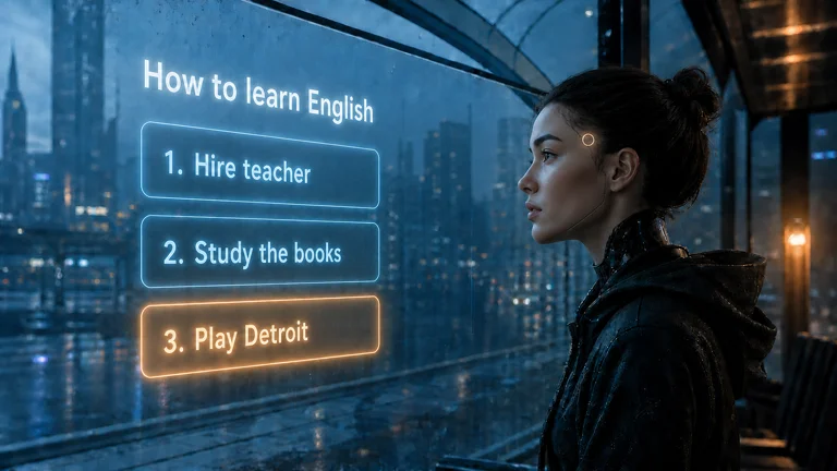 An original android selects Play Detroit from three vertical choices under the heading How to learn English