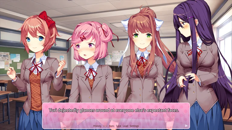 Sayori, Natsuki, Monika, and Yuri in the clubroom while the narration describes dejected and expectant expressions