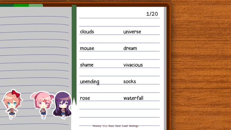 The DDLC poem game offering words including clouds, universe, dream, shame, vivacious, and waterfall