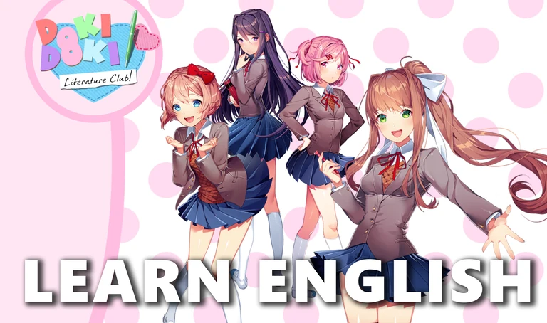 The four Doki Doki Literature Club members beside the words Learn English