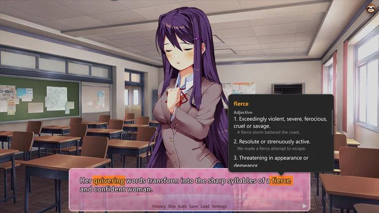 Termy displays an offline dictionary explanation for fierce over a visible DDLC scene