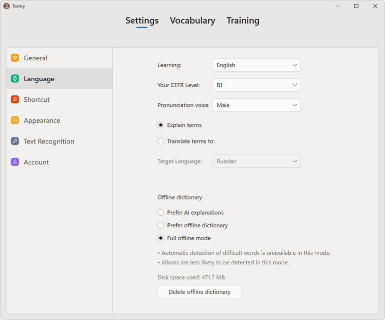 Termy Language settings with English selected and Full offline mode enabled