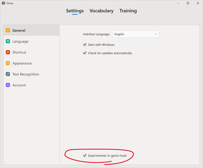 Termy General settings with the Experimental In-game hook checkbox circled in red
