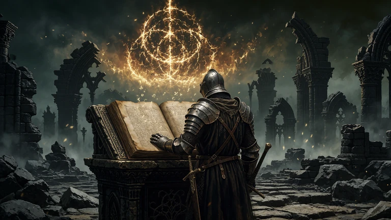 An armored reader studies a large book beneath a glowing golden ring in ruined stone arches