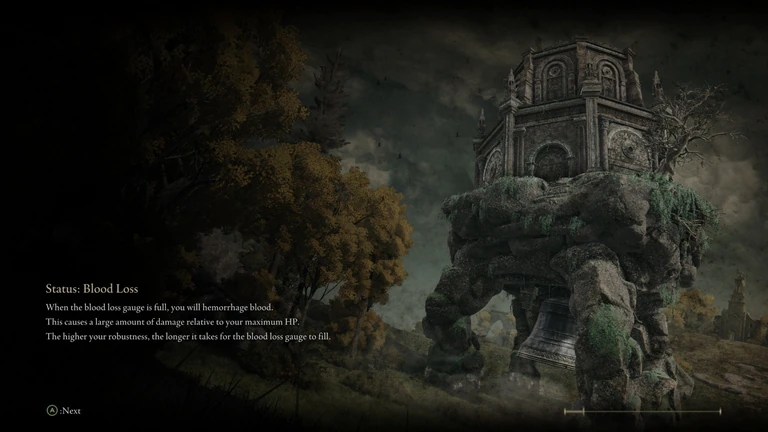 Elden Ring loading-screen tip explaining that higher robustness slows the blood-loss gauge