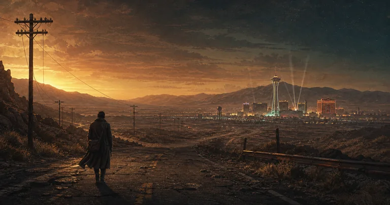A lone courier walks along a ruined desert road toward a distant neon city at sunset