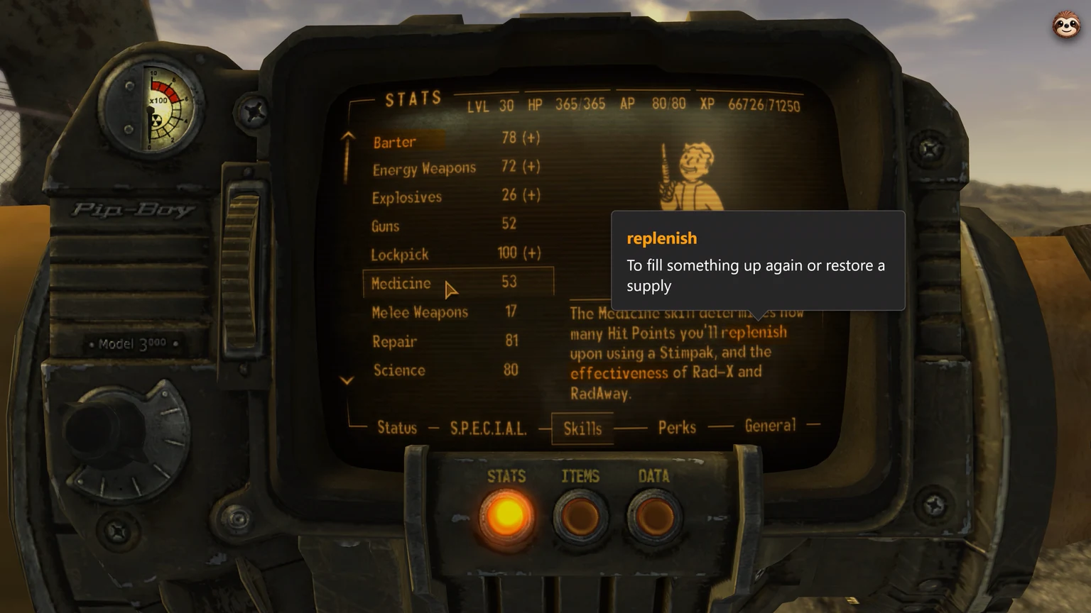 Termy explaining the word replenish over the Fallout: New Vegas Pip-Boy skills screen