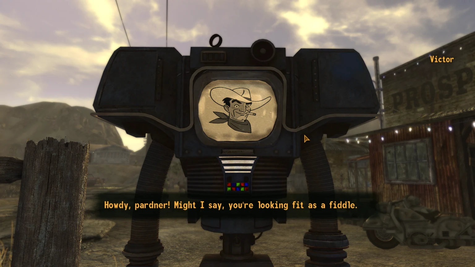 Victor greets the Courier in Fallout: New Vegas with English subtitles saying that they look fit as a fiddle