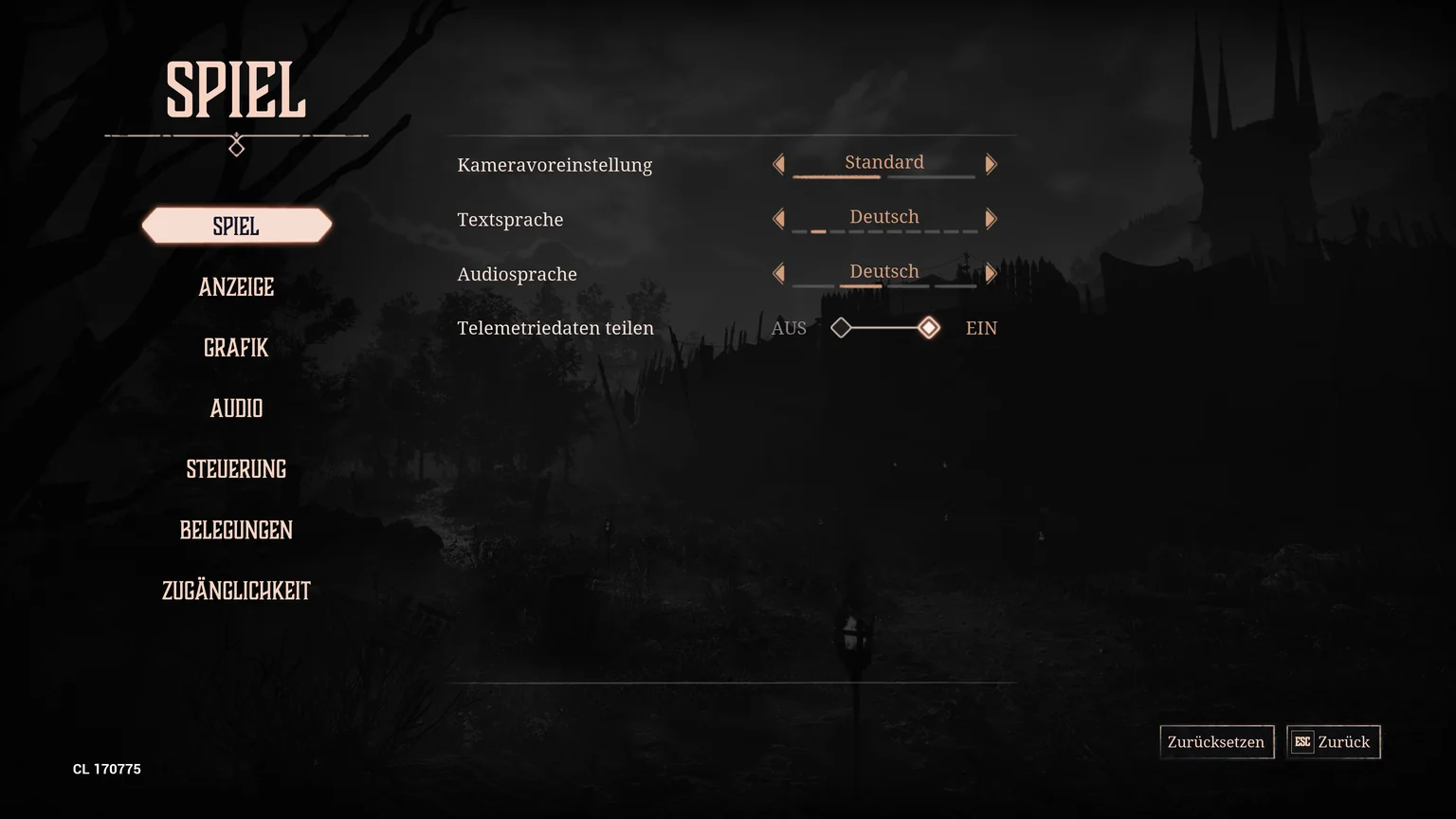 Gothic 1 Remake Spiel settings with Textsprache and Audiosprache set to Deutsch