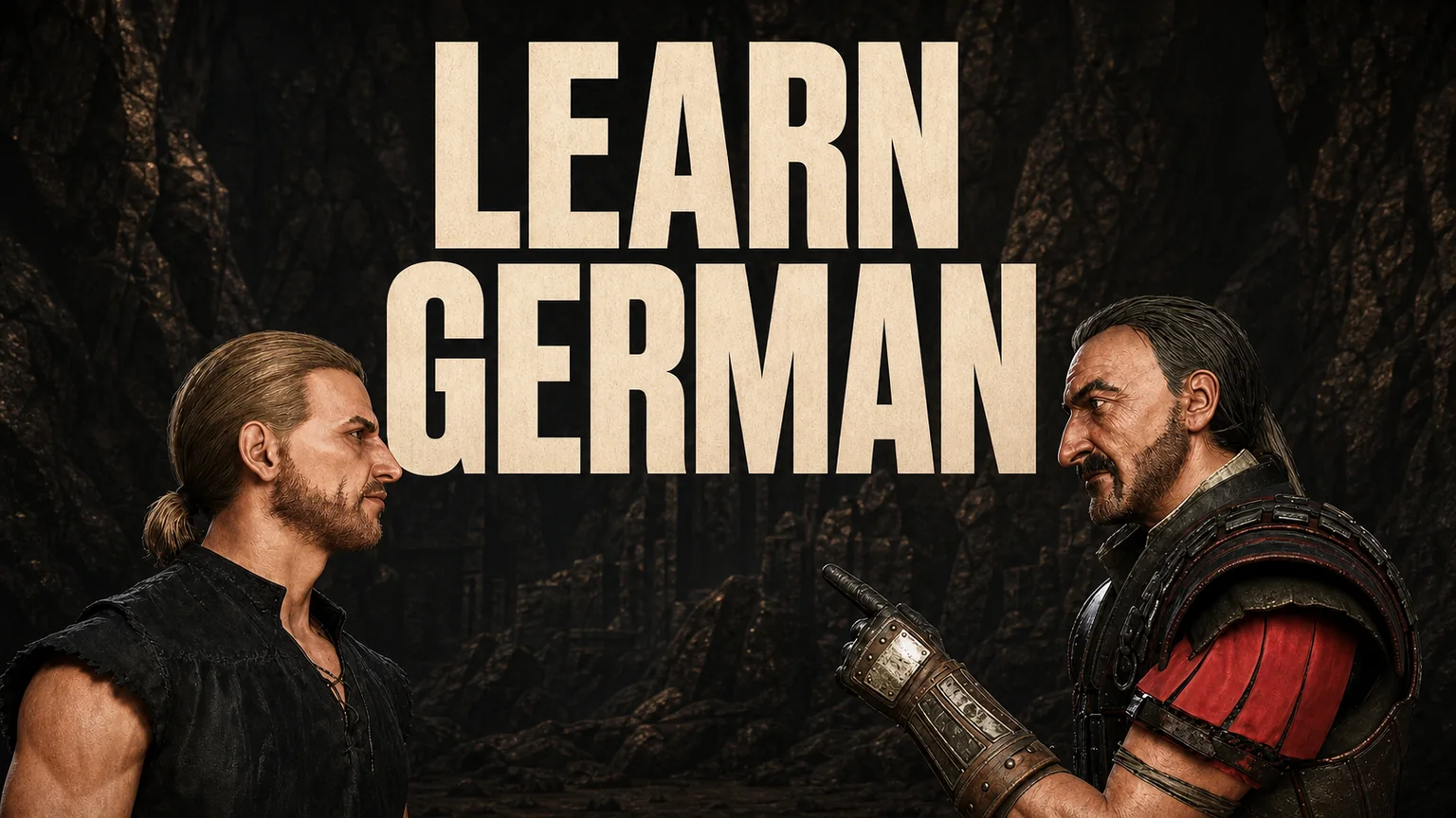 The Nameless Hero and Diego facing each other beneath the words Learn German