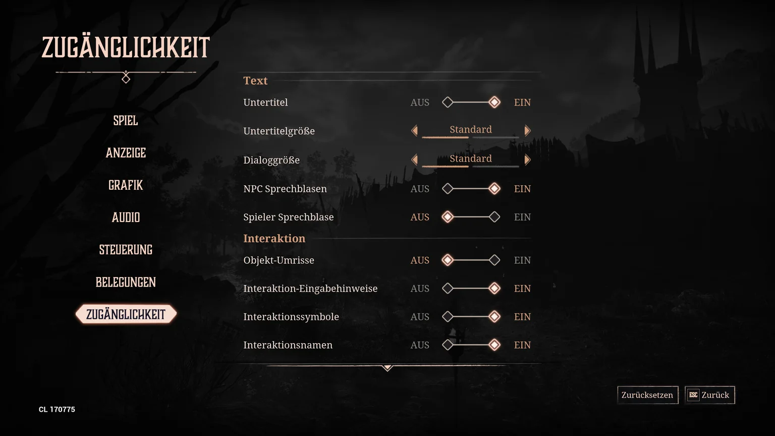 Gothic 1 Remake Zugänglichkeit settings with Untertitel set to Ein and text size controls