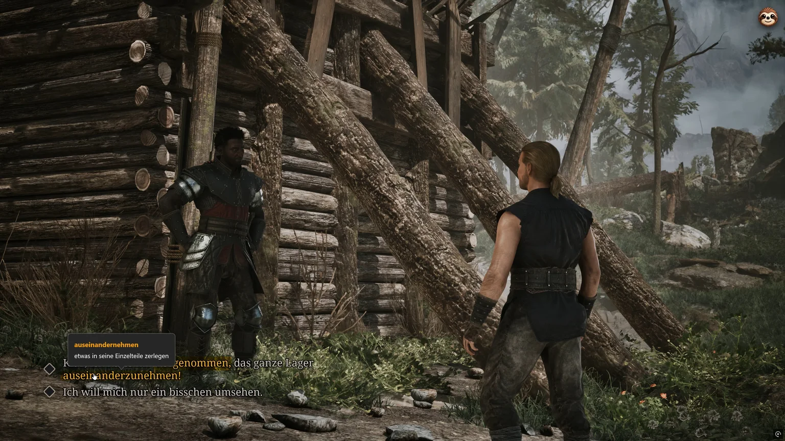 Termy explaining auseinandernehmen in simple German over a Gothic 1 Remake dialogue choice
