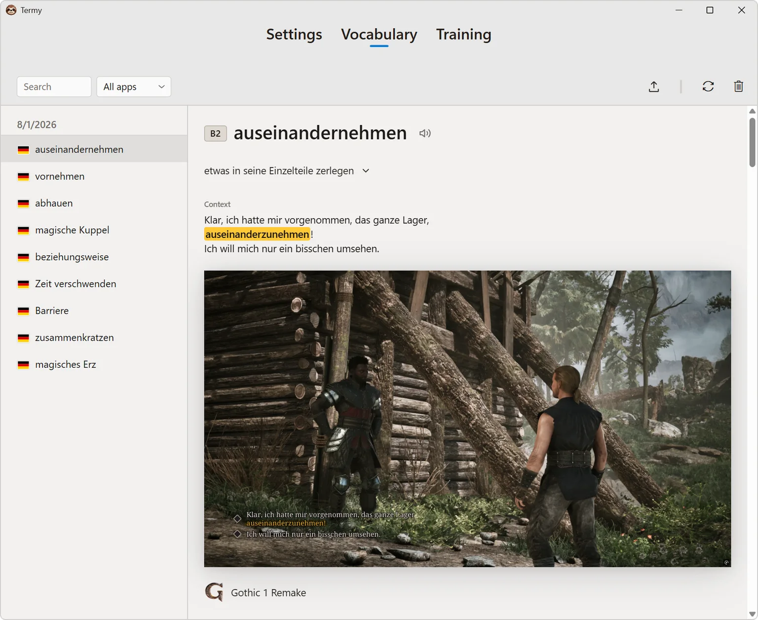 Termy vocabulary view keeping auseinandernehmen with its German sentence and Gothic screenshot