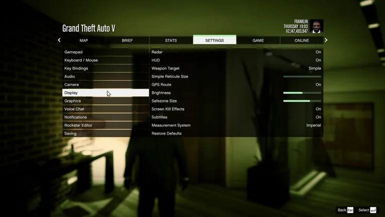 GTA V Display settings in English with Subtitles set to On