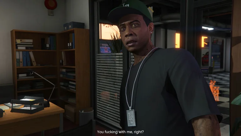 Lamar speaks in a GTA V cutscene with the English subtitle You fucking with me, right