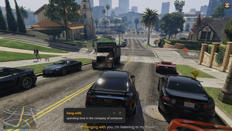 Termy explains the phrase hang with over an English GTA V subtitle during a drive