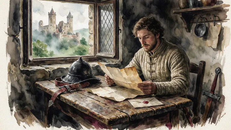 A young medieval traveler reads a parchment with Trosky Castle visible through a window