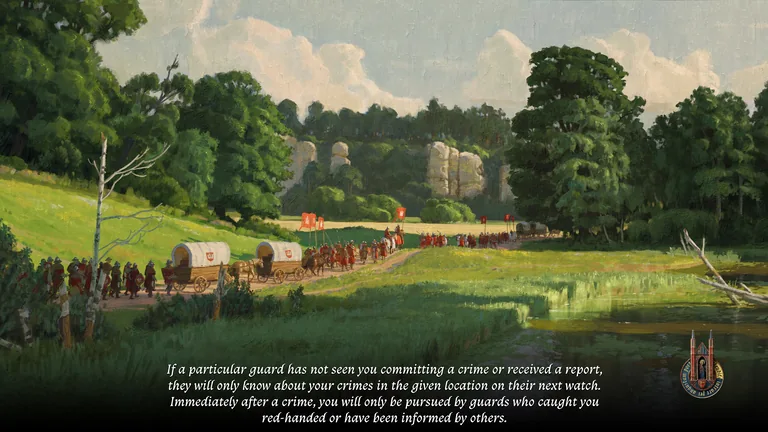 A painted Bohemian landscape accompanies an English loading tip about guards and reported crimes