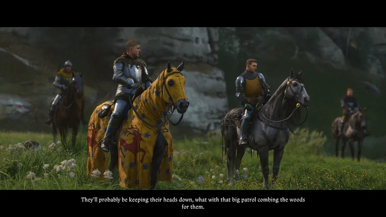 Mounted knights discuss a patrol combing the woods in an English subtitle