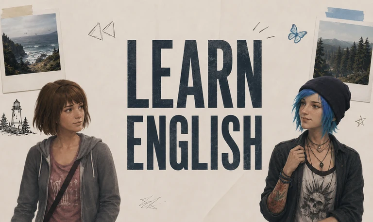 Max and Chloe face each other around the words Learn English in a scrapbook-style Arcadia Bay collage