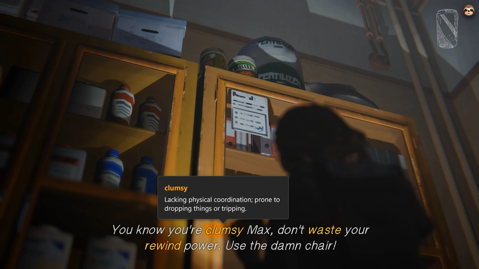 Termy explaining the word clumsy over a Life is Strange subtitle about Max's rewind power