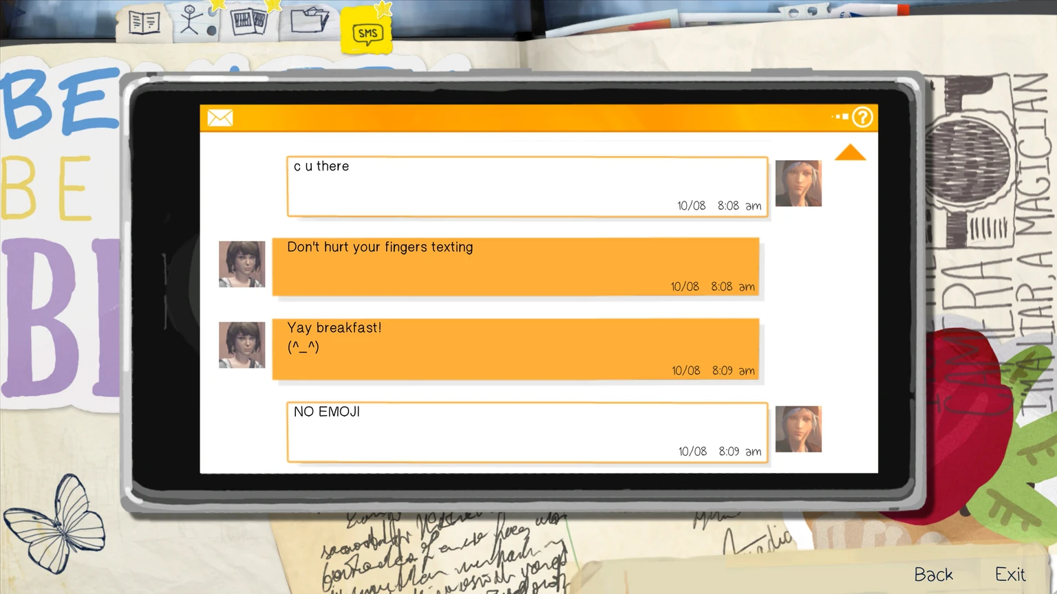 Life is Strange text messages using c u there followed by Max joking about the short spelling and lack of an emoji