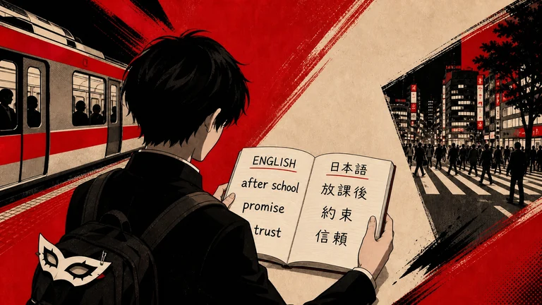 A student compares English and Japanese vocabulary in an open notebook beside a Tokyo train and night crossing