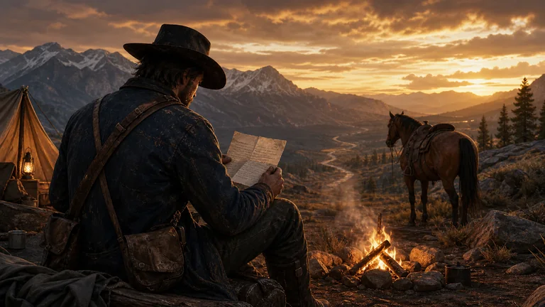 A late-1890s outlaw reads a letter beside a campfire while his saddled horse waits by a mountain trail at sunset