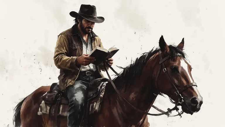A cowboy reads an open book while riding a brown horse