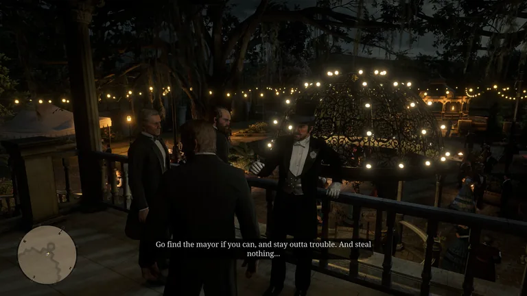 Arthur receives an English instruction to find the mayor, stay out of trouble, and steal nothing at a Saint Denis party