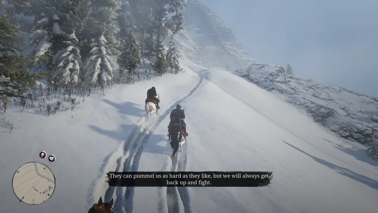 Arthur follows another rider through a snowy mountain pass while an English subtitle appears during the ride