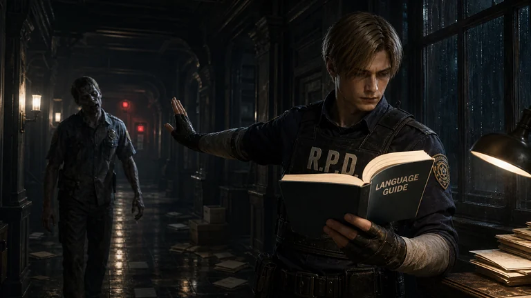 Leon raises one hand to pause an approaching zombie while reading a language guide in a dark police station corridor