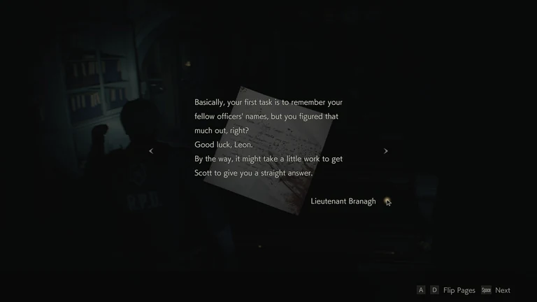 Leon reading a police note about remembering the other officers' names and getting a straight answer from Scott