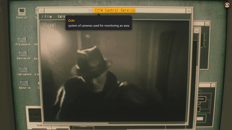 Termy highlighting CCTV Control Service on an in-game computer and defining CCTV as a system of cameras used for monitoring an area