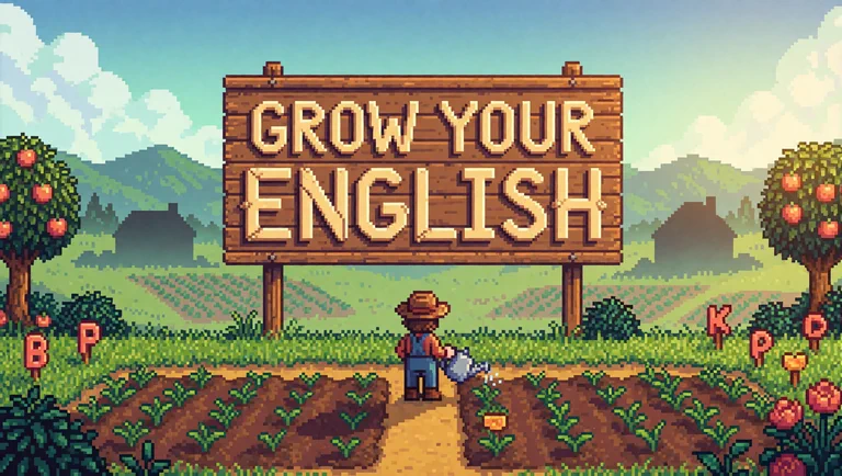 A pixel-art farmer waters crops beneath a wooden Grow Your English sign