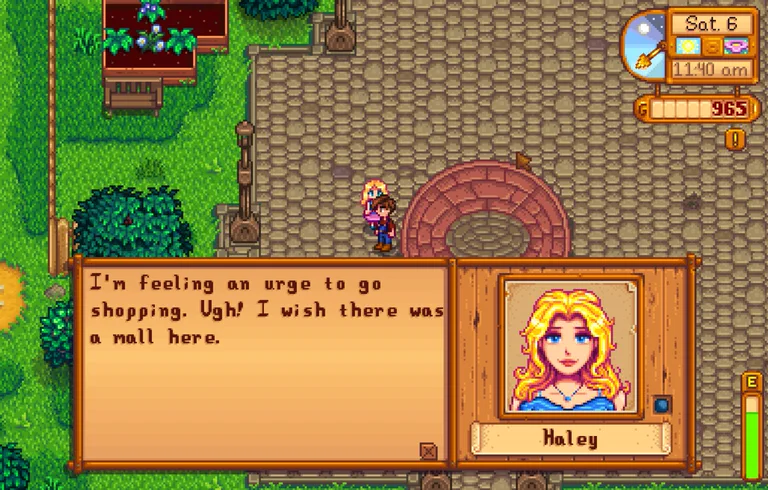 Haley says she feels an urge to go shopping and wishes Pelican Town had a mall