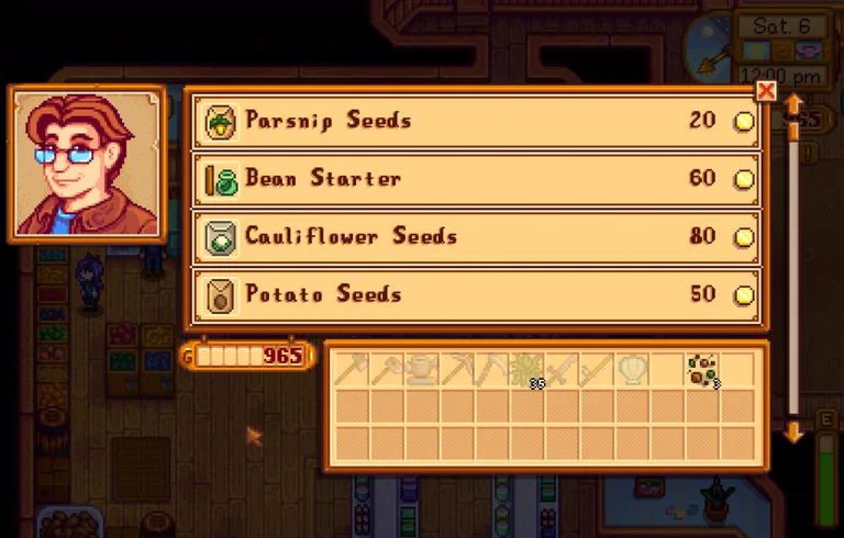 Pierre's shop menu listing parsnip, bean, cauliflower, and potato seeds with icons and prices