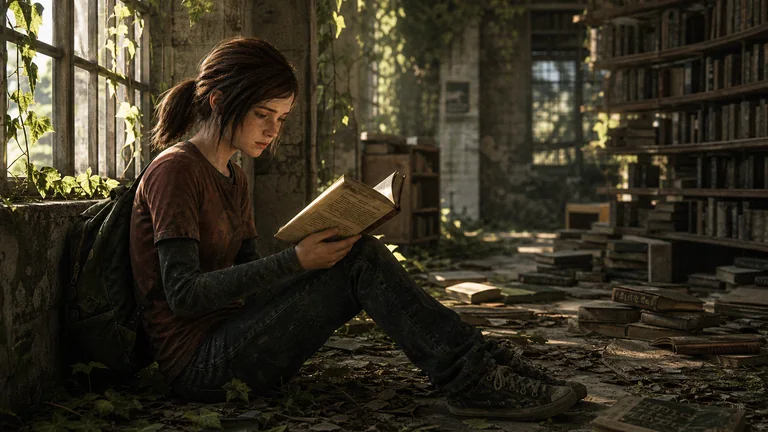 Ellie reads an English book beside a sunlit window in an abandoned, overgrown library