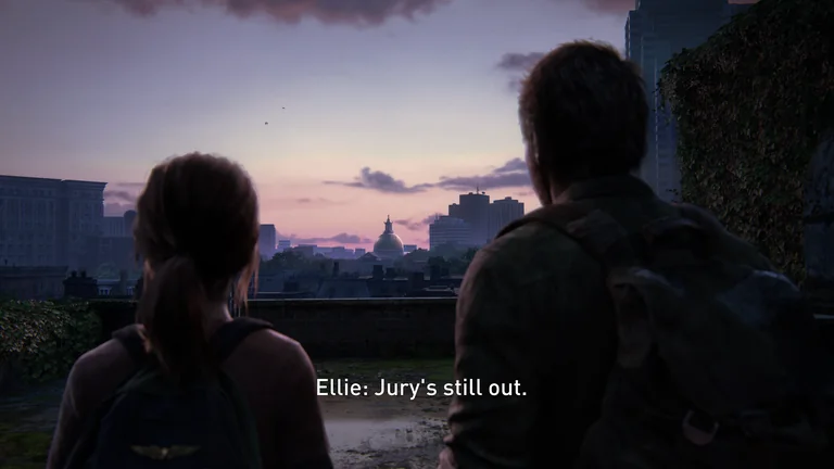 Ellie and Joel look over the Austin skyline while the English subtitle reads Jury’s still out