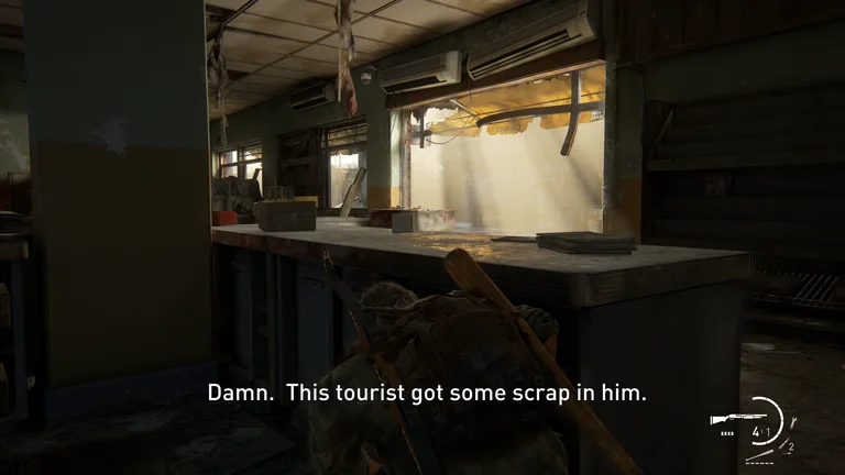 A combat scene carries the subtitle Damn. This tourist got some scrap in him