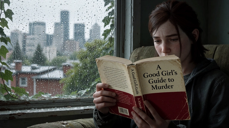 Ellie reads the English novel A Good Girl’s Guide to Murder beside a rain-covered window overlooking Seattle