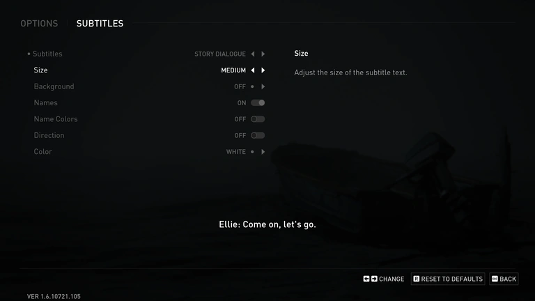 Subtitle settings show Story Dialogue, medium text, the default background off, and speaker names on