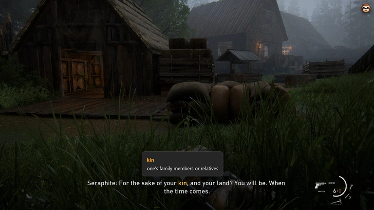 Termy explains kin as family members or relatives over a Seraphite subtitle